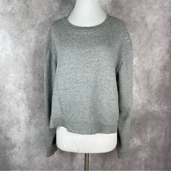 The Kooples Sport Gray Star Studded Sleeve Crewneck Sweatshirt Women's Sz 2 US M - Picture 1 of 11